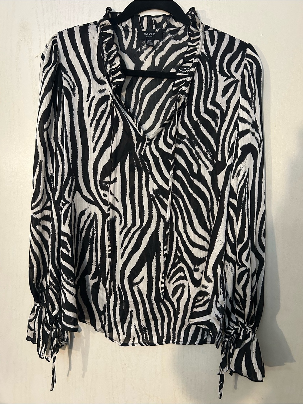 HAVER London Zebra Print Ruffle Tie Neck Blouse Size M